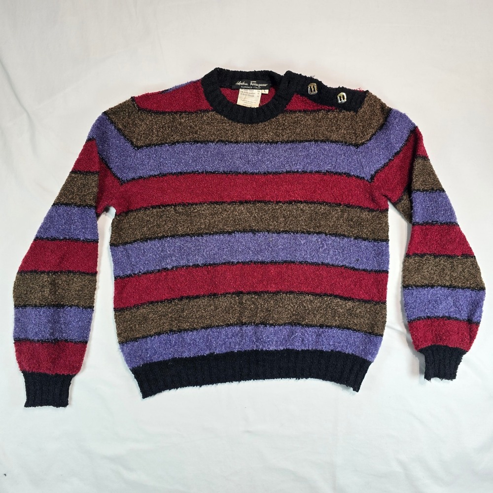 Salvatore Ferragamo Vintage Mohair Blend Striped Sweater Button Shoulder Italy L